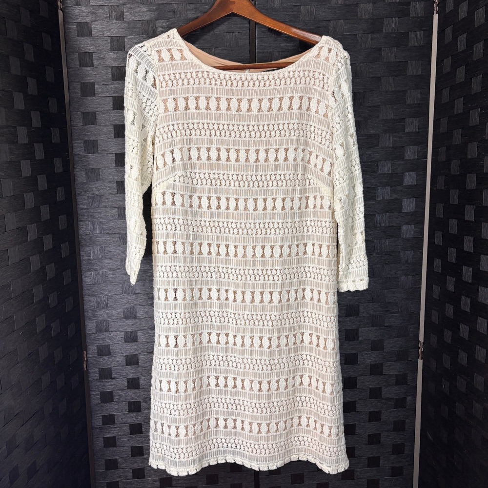 Sharagano Lace Shift Dress Womens 14 Ivory Crochet Illusion Grad Bride Party